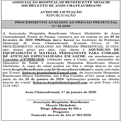 PROCEDIMENTO ANÁLOGO AO PREGÃO PRESENCIAL N.º 01/2020
