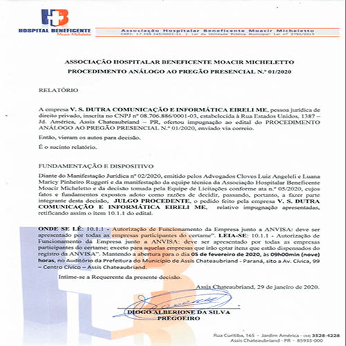RETIFICAÇÃO DO EDITAL DO PROCEDIMENTO ANALOGO AO PREGÃO PRESENCIAL Nº01/2020