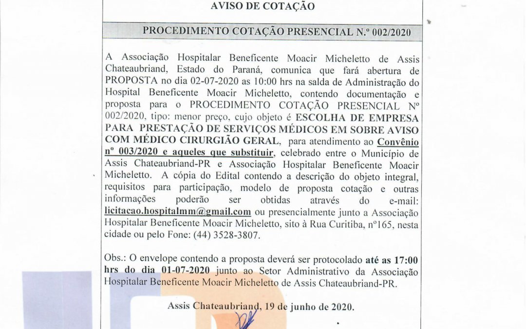 PROCEDIMENTO COTAÇÃO PRESENCIAL N.º 002/2020
