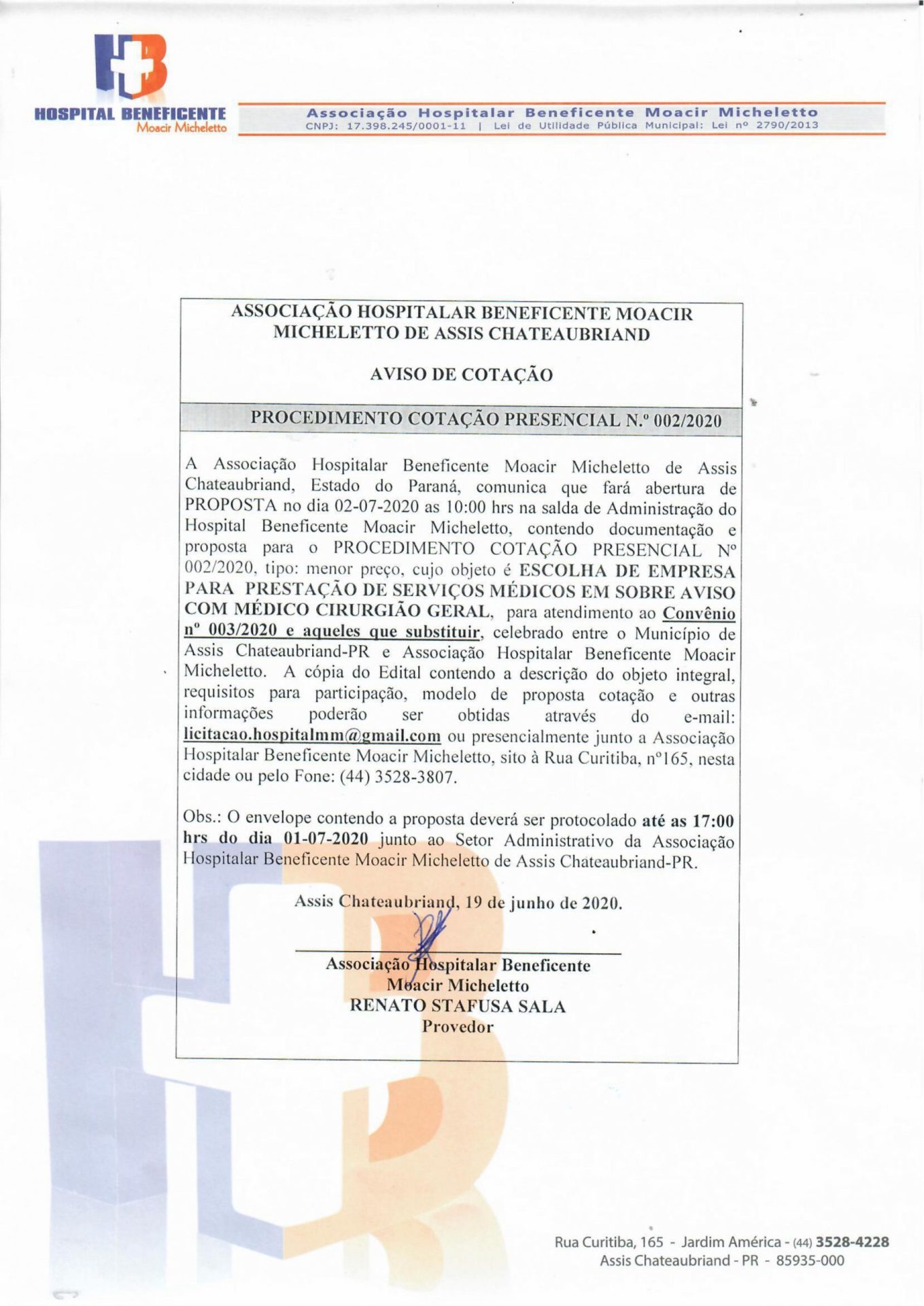 PROCEDIMENTO COTAÇÃO PRESENCIAL N.º 002/2020