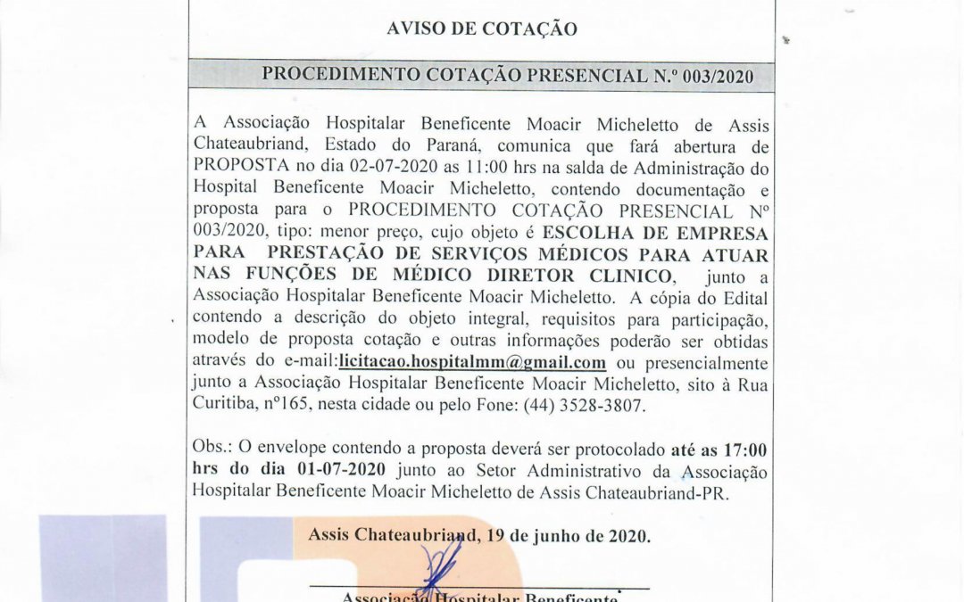 PROCEDIMENTO COTAÇÃO PRESENCIAL N.º 003/2020