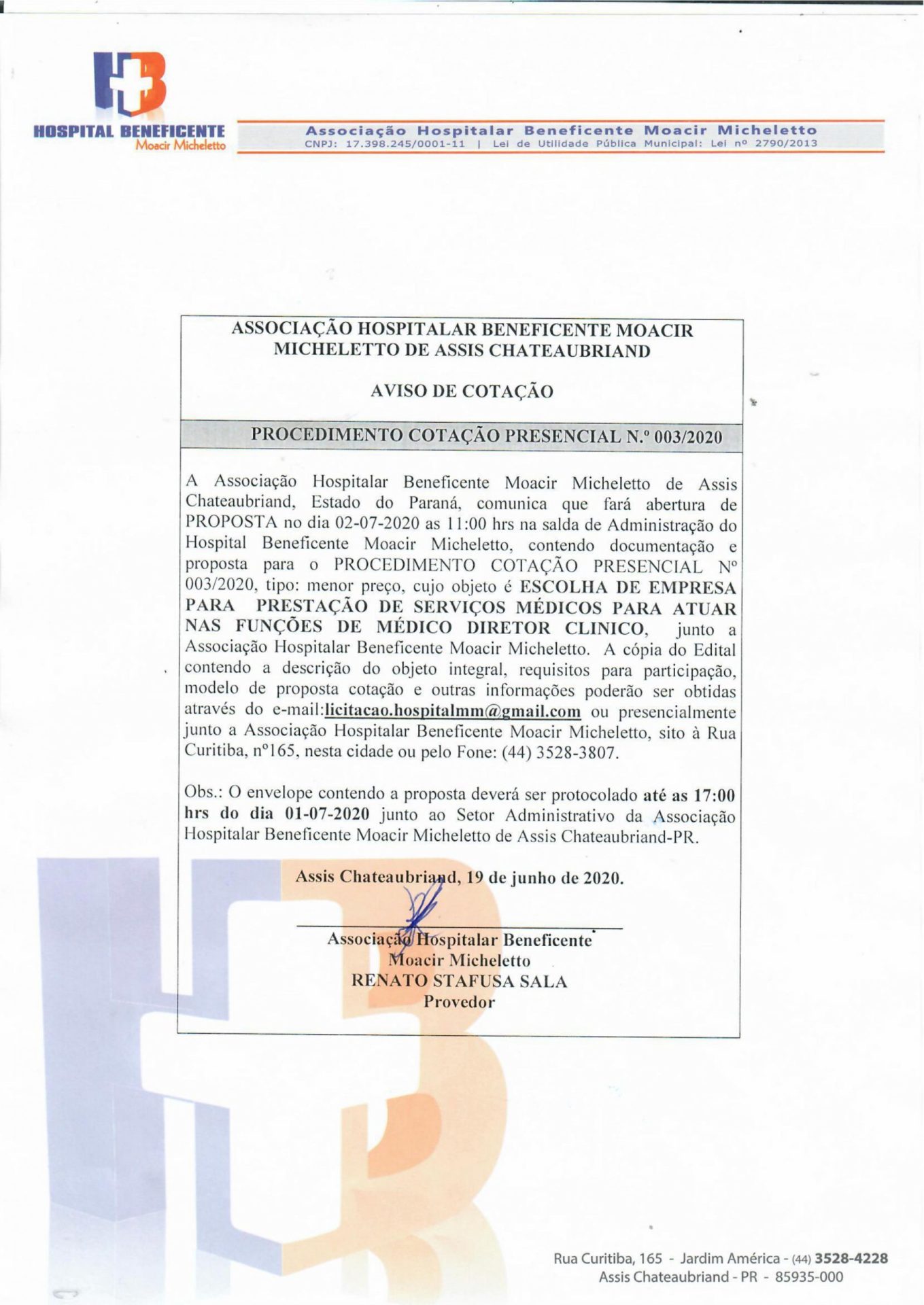 PROCEDIMENTO COTAÇÃO PRESENCIAL N.º 003/2020