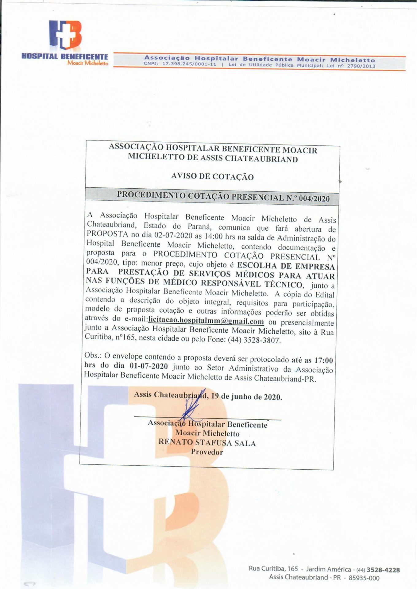 PROCEDIMENTO COTAÇÃO PRESENCIAL N.º 004/2020