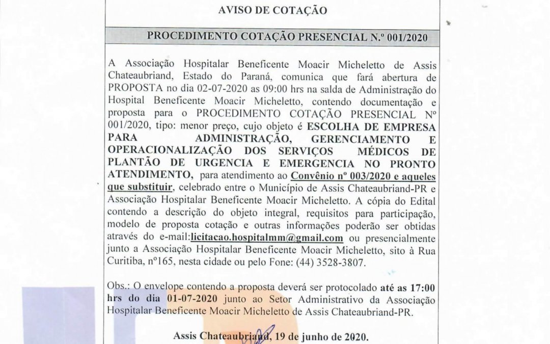 PROCEDIMENTO COTAÇÃO PRESENCIAL N.º 001/2020