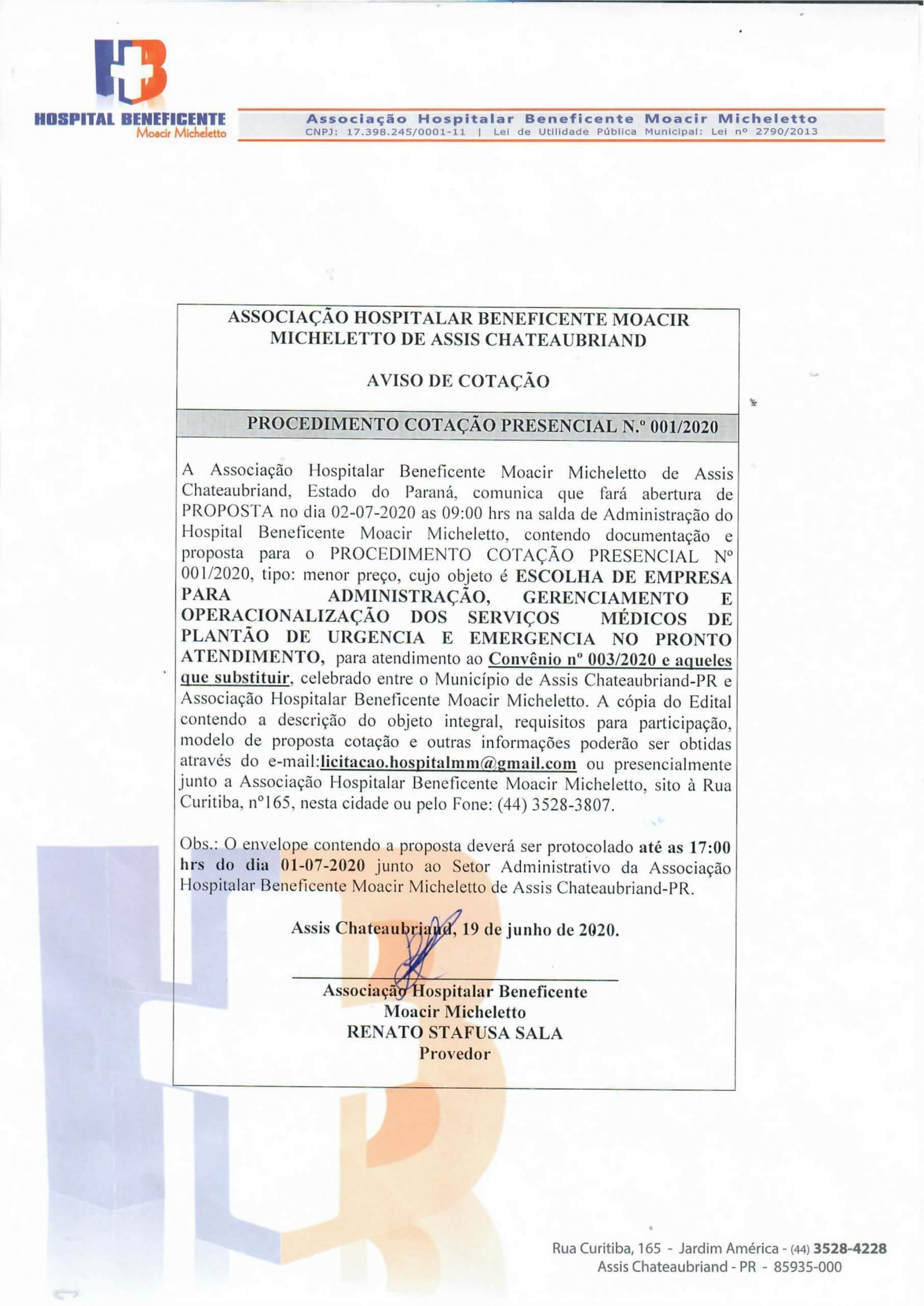 PROCEDIMENTO COTAÇÃO PRESENCIAL N.º 001/2020