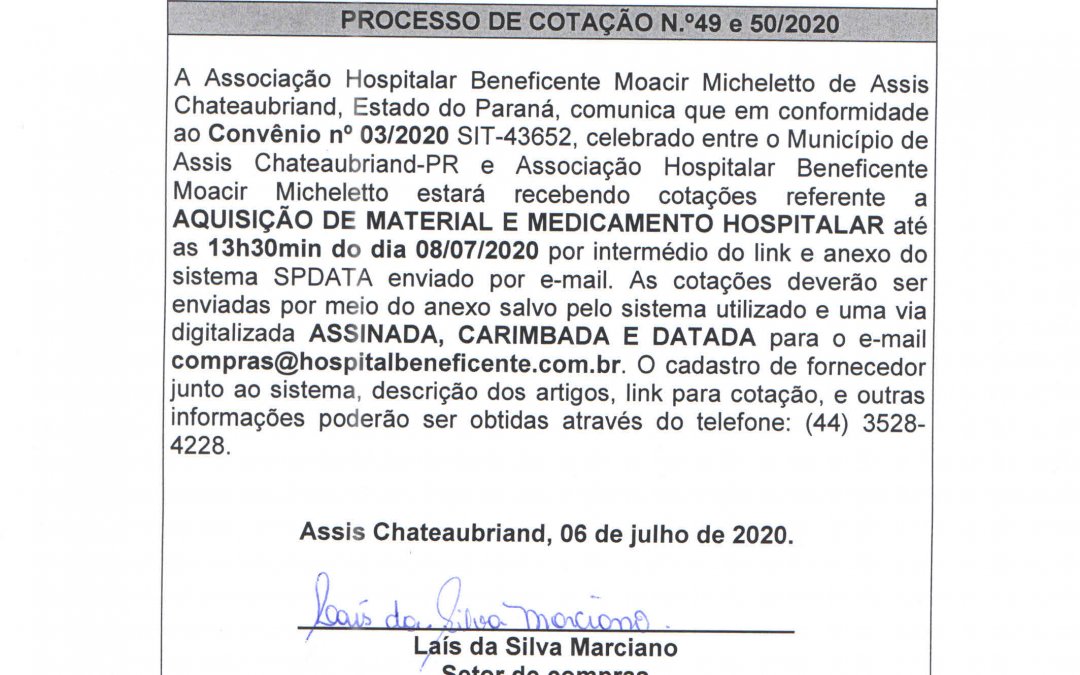 PROCESSO DE COTAÇÃO N.º49 e 50/2020