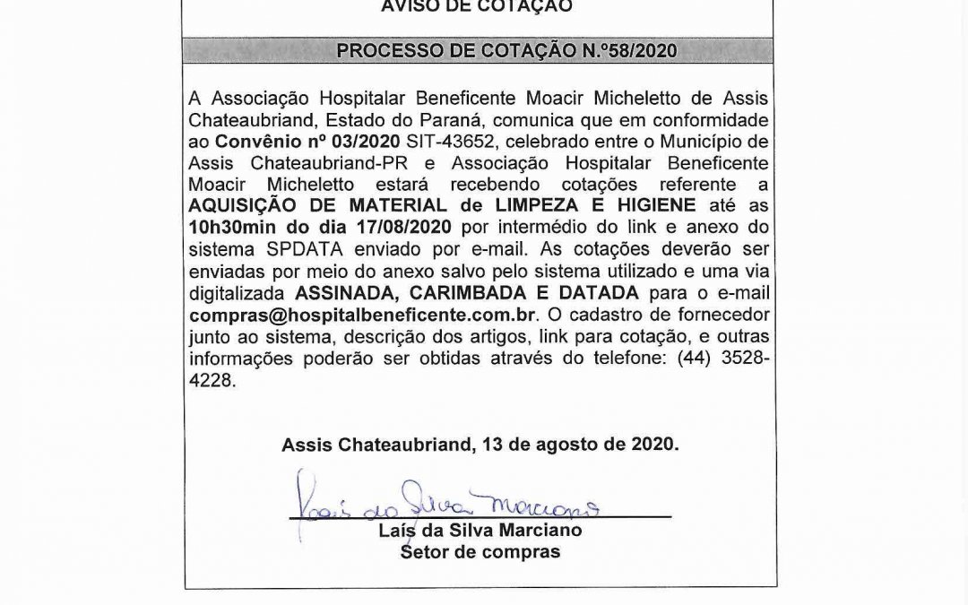 PROCESSO DE COTAÇÃO N.º58/2020