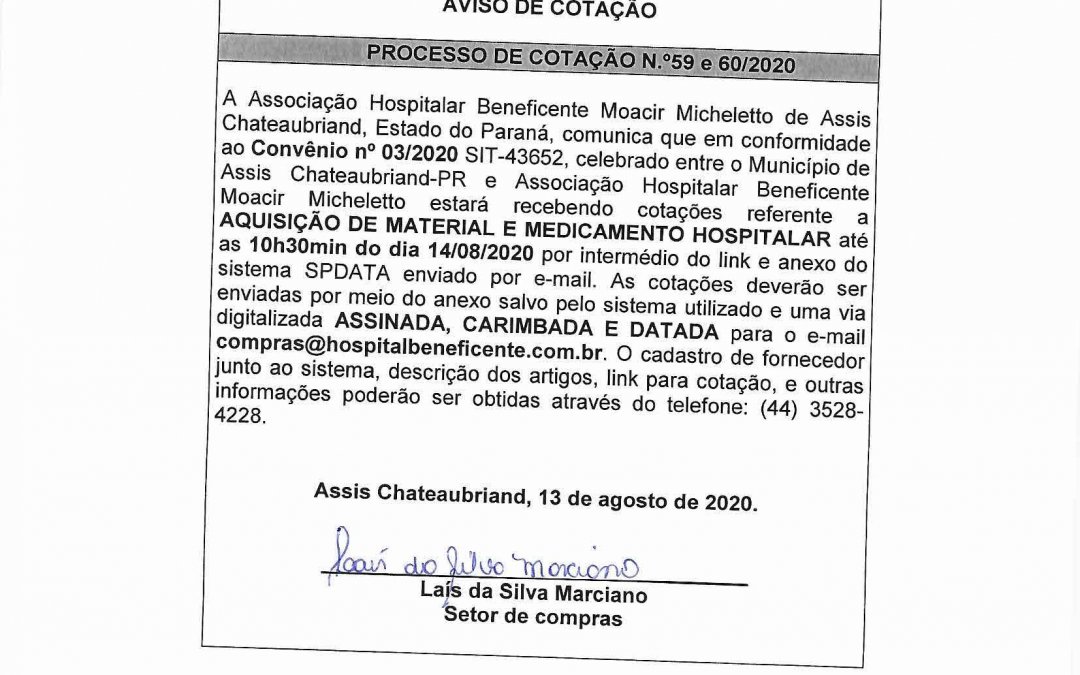 PROCESSO DE COTAÇÃO N.º59 e 60/2020
