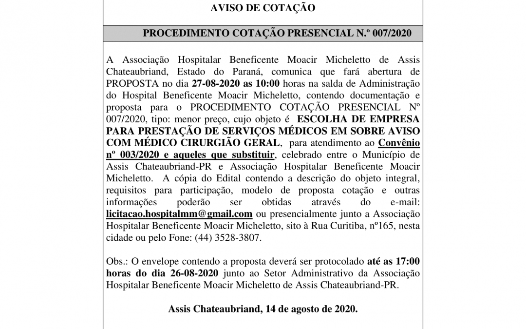 PROCEDIMENTO COTAÇÃO PRESENCIAL N.º 007/2020