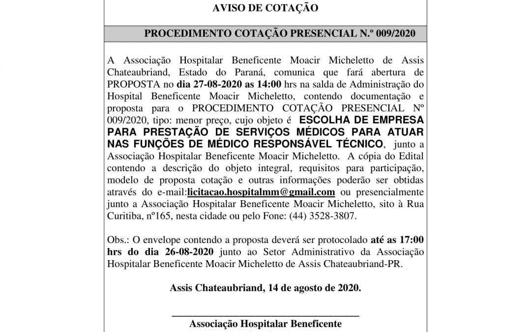 PROCEDIMENTO COTAÇÃO PRESENCIAL N.º 010/2020