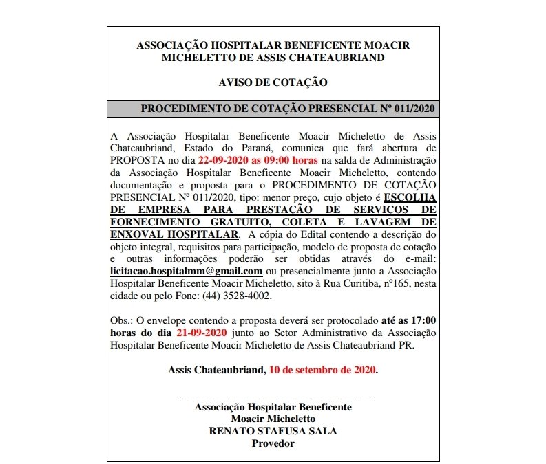 PROCEDIMENTO DE COTAÇÃO PRESENCIAL Nº 011/2020