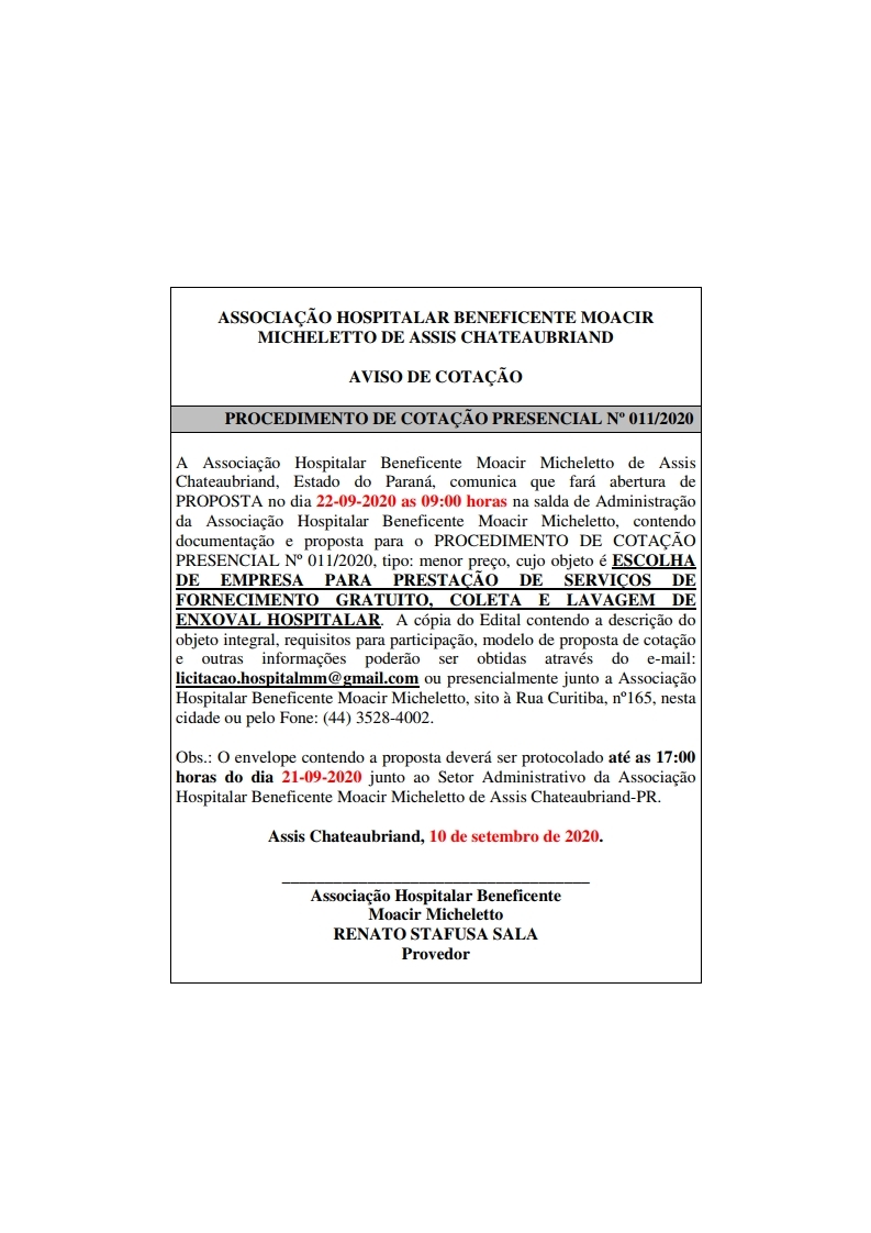 PROCEDIMENTO DE COTAÇÃO PRESENCIAL Nº 011/2020
