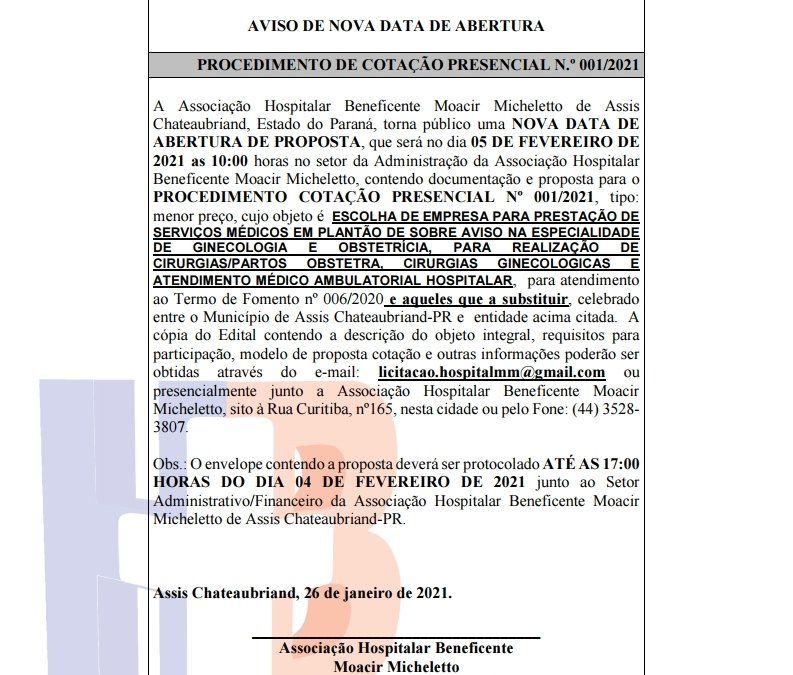 AVISO DE NOVA DATA DE ABERTURA PROCEDIMENTO DE COTAÇÃO PRESENCIAL N.º 001/2021
