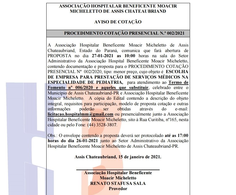 PROCEDIMENTO COTAÇÃO PRESENCIAL N.º 002/2021