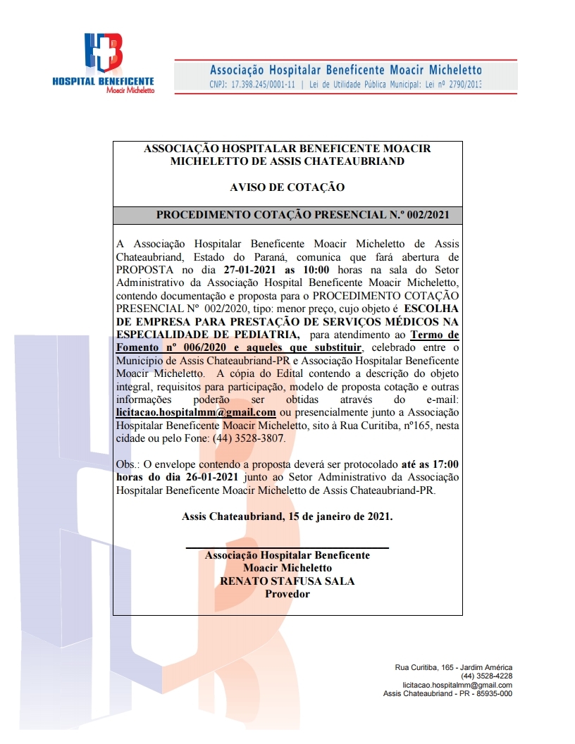 PROCEDIMENTO COTAÇÃO PRESENCIAL N.º 002/2021