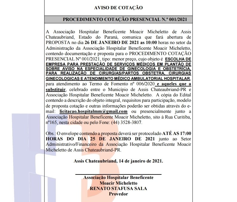 PROCEDIMENTO COTAÇÃO PRESENCIAL N.º 001/2021