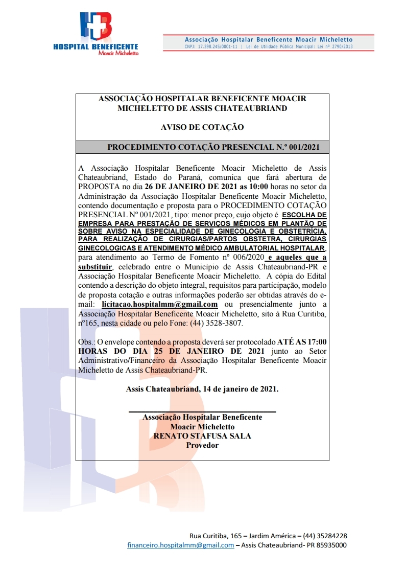 PROCEDIMENTO COTAÇÃO PRESENCIAL N.º 001/2021
